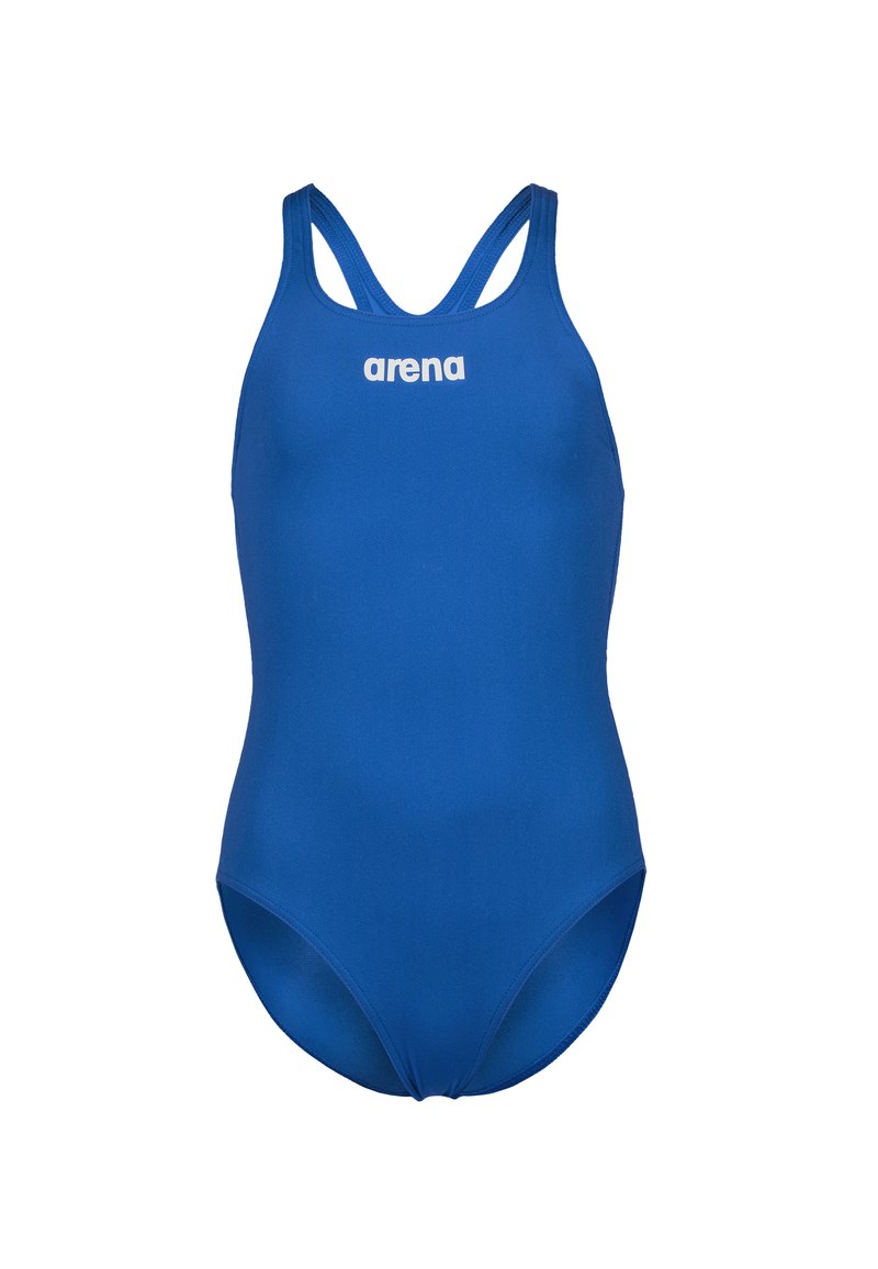 Modré plavky vyrobené z hladkého materiálu, se sportovním střihem na zadní straně, bez vzorů a s bílým logem na přední straně.