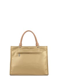 Borsa tote in nylon dorato con superficie testurizzata, manici in pelle sintetica color cammello e tasca esterna con zip. Presenta dettagli in hardware argentato.