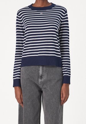 Persoon draagt een navyblauw-wit gestreepte trui met lange mouwen en donkergrijze spijkerbroek tegen een effen witte achtergrond.