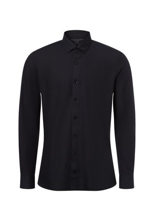 Schwarzes Langarmshirt aus glattem Stoff, ausgestattet mit einem klassischen Kragen, durchgehender Knopfleiste und tailliertem Design mit geknöpften Manschetten.