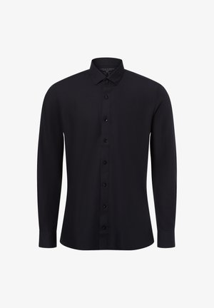 Black long-sleeve shirt made of smooth fabric, featuring a classic collar, button-down front, and fitted design with buttoned cuffs.