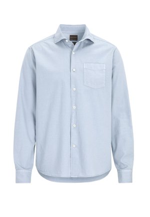 Light blue long-sleeve shirt, cotton fabric, button-up front with six buttons, single chest pocket, rounded hem, and cuffed sleeves.