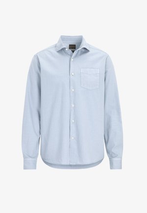 Hellblaues Langarmhemd aus Baumwolle, Knopfleiste mit sechs Knöpfen, eine Brusttasche, abgerundeter Saum und geknöpfte Ärmel.