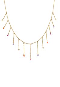 Collar de cadena dorada con múltiples hebras colgantes, cada una con piedras preciosas de colores naranja, púrpura y transparentes. Longitud ajustable.