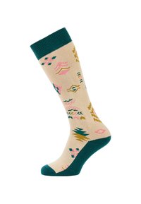 Ponožky ke kolenům s béžovým podkladem, tyrkysovým lemováním a geometrickými vzory v růžové, zelené a zlaté barvě. Měkký pletený materiál s texturovaným povrchem.