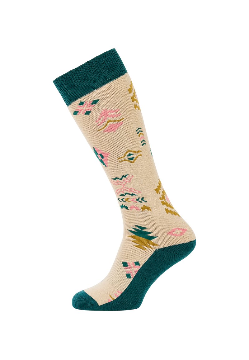 Ponožky ke kolenům s béžovým podkladem, tyrkysovým lemováním a geometrickými vzory v růžové, zelené a zlaté barvě. Měkký pletený materiál s texturovaným povrchem.