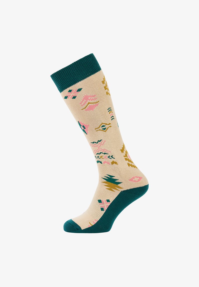 Ponožky po kolená s béžovým základom, tyrkysovým lemovaním a geometrickými vzormi v ružovej, zelenej a zlatej farbe. Mäkký pletený materiál s textúrovaným povrchom.