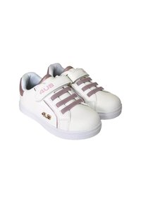 Sneaker sintetiche bianche con dettagli rosa, lacci elastici e una fascia in velcro. Presentano un design testurizzato e un logo sul lato.