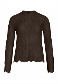 Blouse en dentelle marron foncé à manches longues, col montant, ourlet festonné et fermeture boutonnée dans le dos.