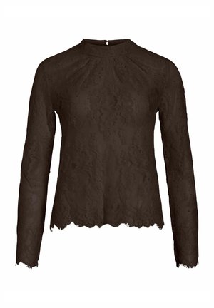 Tumepruun pikkade varrukatega pitspluus kõrge kaelusega, lainelise äärega ja seljaosas nööbitav.