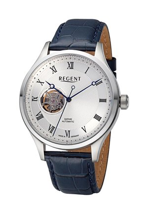 Silberne Regent-Armbanduhr mit blauem Lederarmband, römischen Ziffern, sichtbarem automatischem Uhrwerk sowie blauen Stunden-, Minuten- und Sekundenzeigern.