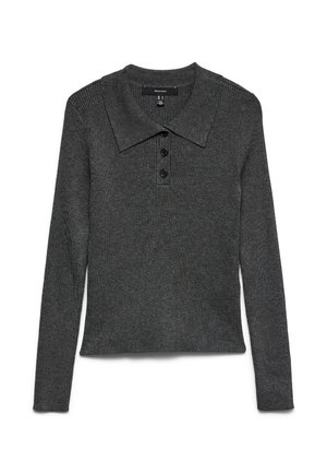 Tmavě šedé žebrované polo tričko s dlouhým rukávem a límečkem, se třemi černými knoflíky u výstřihu a mírně zkráceným lemem.