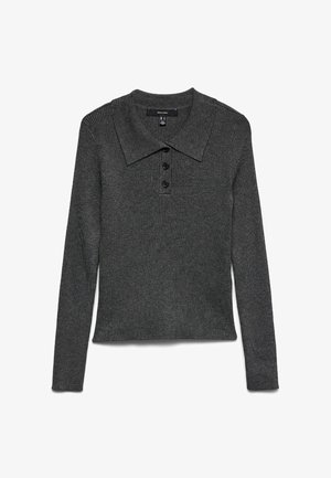 Mörkgrå, ribbad långärmad pikétröja med krage, utrustad med tre svarta knappar vid halslinningen och en något kortare fåll.