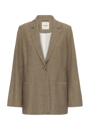 Ruskea raidoitettu bleiseri, jossa on notched-lapelsit, yksi nappikiinnitys ja kaksi etutaskua. Valmistettu teksturoidusta kankaasta.