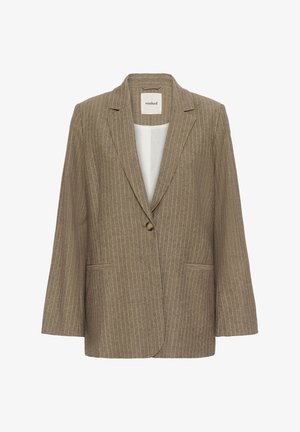 Brun stribet blazer med klapkraver, enkel knaplukning og to for lommer. Fremstillet af et tekstureret stof.