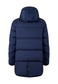 Marineblå pufferjakke med hætte, quiltet design og knaplukning i bunden. Tekstureret, vandafvisende stof.