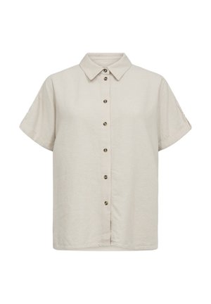 Beige overhemd met korte mouwen en knopen, klassieke kraag en opgerolde manchetten, getoond op een witte achtergrond.