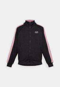 Zwarte zip-up jack met hoge kraag, contrasterende roze zijstrepen en logo patch. Gemaakt van zachte stof met geribbelde manchetten en zoom.