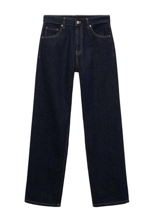 Tmavě modré džíny z denimu se střiham s rovnými nohavicemi, s kontrastním prošíváním, předním zapínáním na knoflík a designem s pěti kapsami.