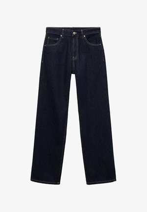 Temno modri kavboj s ravnim krojem, z kontrastnim šivanjem, sprednjim gumbom za zapiranje in obliko petih žepov.