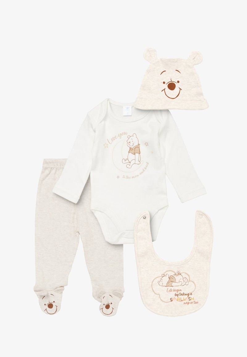 Babykleidungsset mit Winnie Puuh-Motiv, bestehend aus Mütze mit Ohren, langärmligem Body, Hose mit Charaktergesichtern und Lätzchen mit Schlaf-Themen-Text.