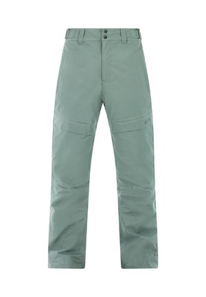Lichtgroene buitenbroek met een gladde textuur, voorzien van een ritszak en een sluiting met twee knopen, ontworpen voor functionele slijtage.