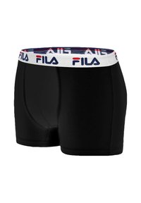 Boxer-briefs noirs avec une ceinture élastique blanche ornée d'accents rouges et bleus et du logo "FILA". Tissu lisse avec un design ajusté.