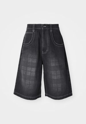 Black wide-leg denim shorts with subtle plaid pattern, front button, and two front pockets with white stitching details.