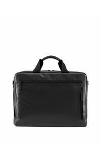 Borsa per laptop nera con una finitura liscia e opaca. Presenta una maniglia superiore, una tasca anteriore con zip ed è di forma rettangolare.