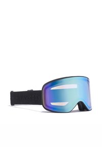 Skibrille mit einer gebogenen, reflektierenden blauen und grünen Linse, schwarzem strukturiertem Riemen und solidem Rahmen-Design für Komfort und Haltbarkeit.