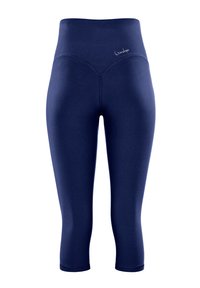 Navy blue capri leggings with a high waistband, smooth texture, and a small embroidered logo on the front side.