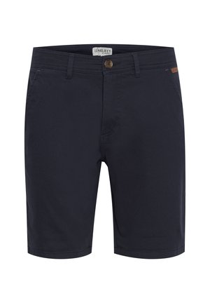 Shorts bleu marine en tissu lisse, dotés d'une fermeture à bouton, de passants de ceinture et de poches latérales. Design classique et ajusté avec un minimum de détails.