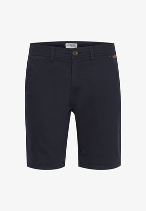 Granatowe szorty wykonane z gładkiego materiału, z zapięciem na guzik, szlufkami na pasek i kieszeniami bocznymi. Klasyczny, dopasowany krój z minimalnymi detalami.