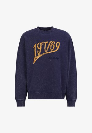 Marineblauer Sweatshirt mit verblasster Textur, mit großem orangefarbenem "19V69" Text und kleinerer schwarzer Schrift auf der Vorderseite in der Mitte.