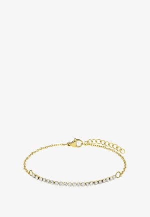 Gouden armband met een delicate ketting en een rij heldere kristallen. Bevat een kreeftsluiting en een verstelbare schakelketting.