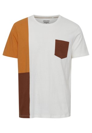 White short-sleeve t-shirt with orange and brown color block design. Features a chest pocket in brown. Made from soft cotton fabric.