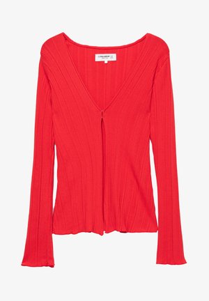 Red ribbed long-sleeve top featuring a deep V-neck with a center zip, finished with a slightly flared hem at the wrists.