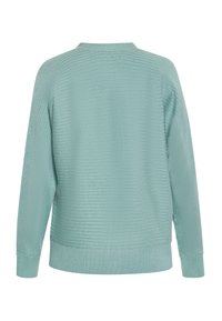 Maglione azzurro chiaro a coste con scollo rotondo e maniche lunghe. Orlo dritto e tessuto texture. Nessun logo o decorazione visibili.