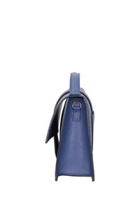 Borsa a mano in pelle blu con un design strutturato, fondo piatto e manico superiore. Presenta un bordo nero a contrasto e hardware minimale.