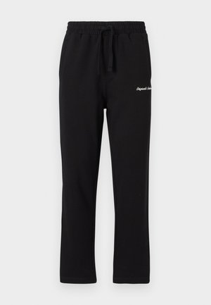 Black sweatpants with an elastic waistband and adjustable drawstring. Features embroidered logo on the thigh and a straight-leg design.