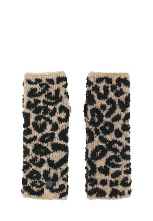 Pair of beige knitted fingerless gloves with black fuzzy leopard print pattern and round black button detail.