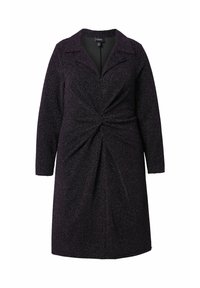 Langärmliges Kleid aus dunkelviolettem Stoff mit einem subtilen Glanz, das eine Knotendetail an der Taille und ein klassisches Kragen-Design aufweist.