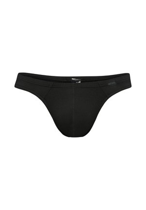 Black men's brief-style underwear with a low-rise waistband and visible front seam stitching on a white background.