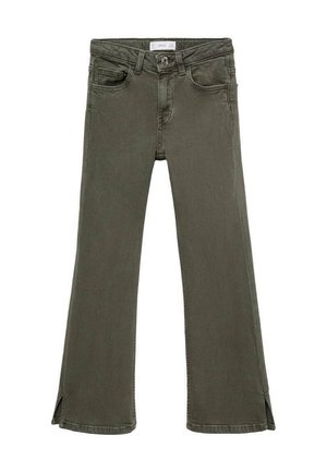 Jean flare verts avec une finition légèrement texturée, dotés d'une braguette zippée, de cinq poches et de petites fentes latérales à l'ourlet.