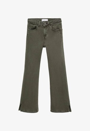 Jean flare verts avec une finition légèrement texturée, dotés d'une braguette zippée, de cinq poches et de petites fentes latérales à l'ourlet.