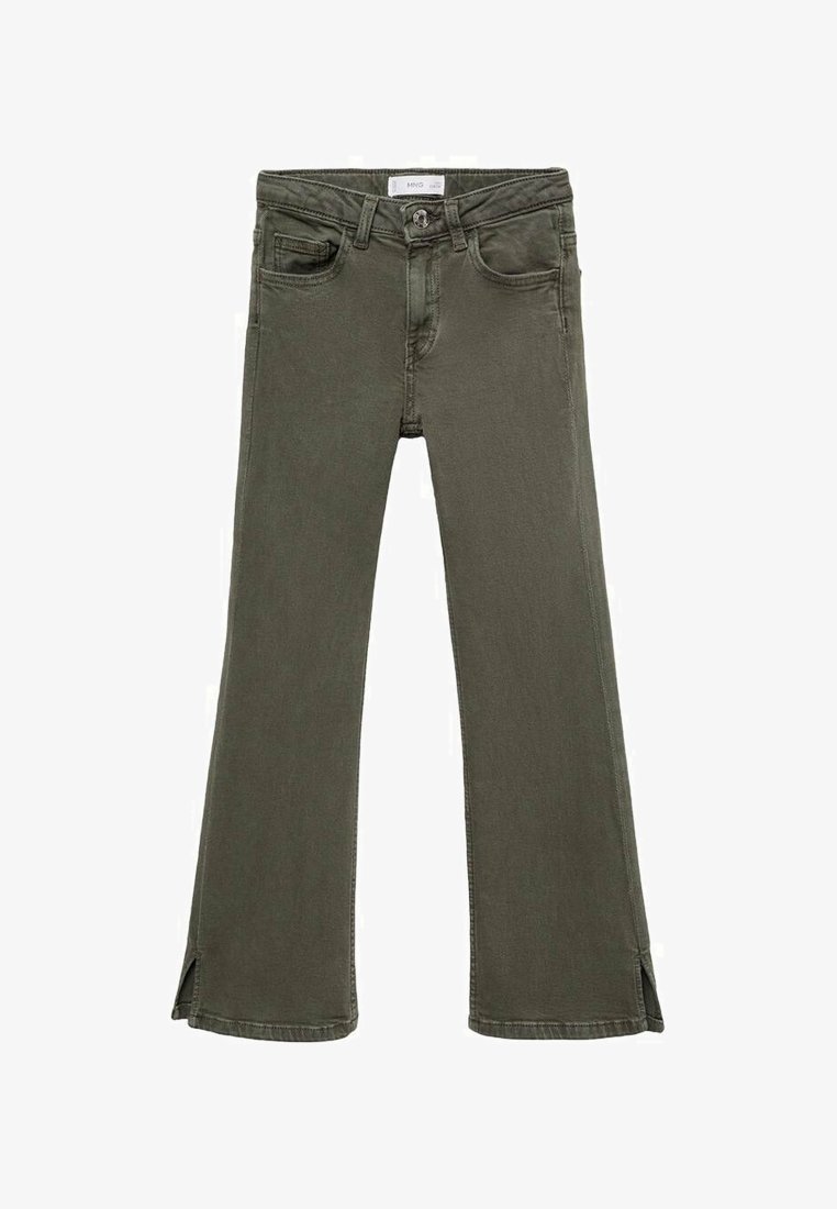 Jean flare verts avec une finition légèrement texturée, dotés d'une braguette zippée, de cinq poches et de petites fentes latérales à l'ourlet.