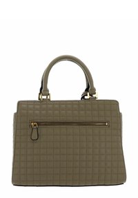 Borsa a tracolla sintetica color khaki con motivo trapuntato, doppi manici superiori e una tasca frontale con zip. L'hardware in tinta oro arricchisce il design.
