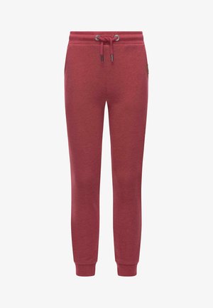 Red sweatpants made of soft fabric, featuring an elastic waistband with drawstring, ribbed cuffs, and side pockets.