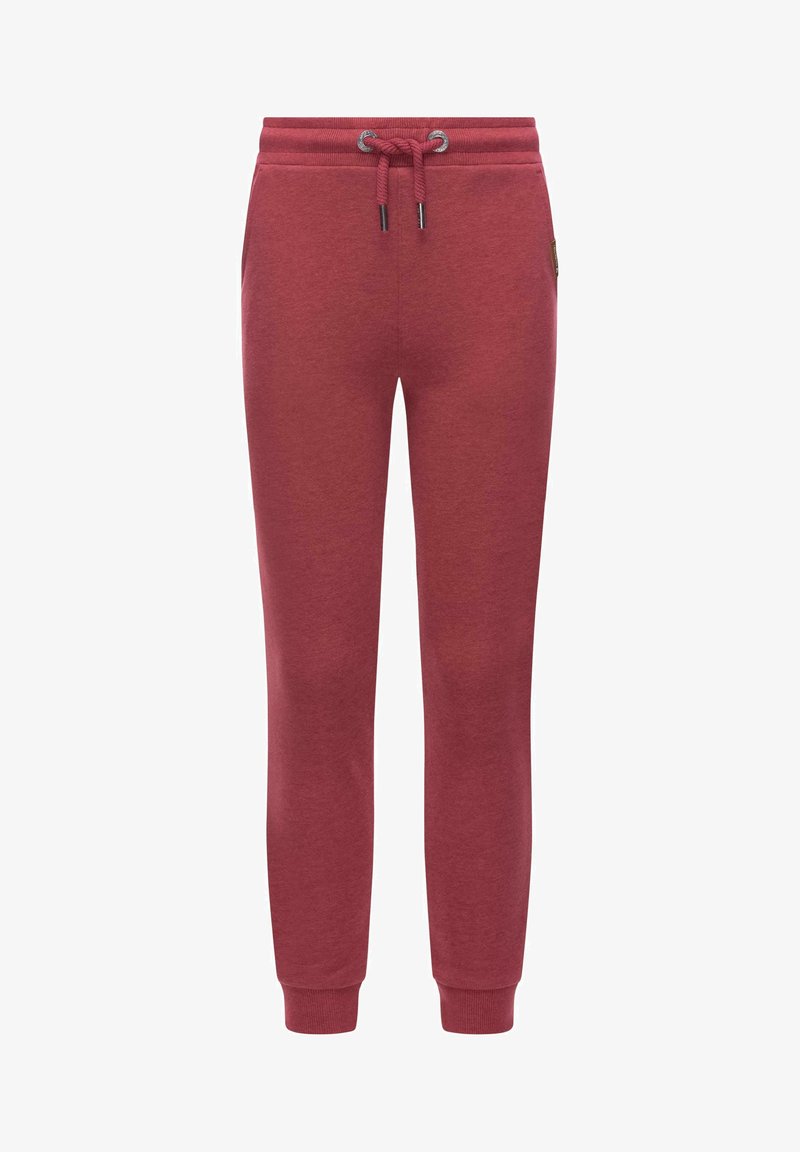 Rode joggingbroek van zacht materiaal, met een elastische tailleband met trekkoord, geribde manchetten en zijzakken.