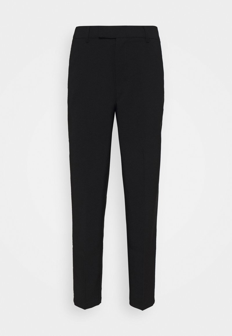 Pantalon droit noir sur mesure avec passants de ceinture et devant épuré, présenté sur un fond blanc uni.